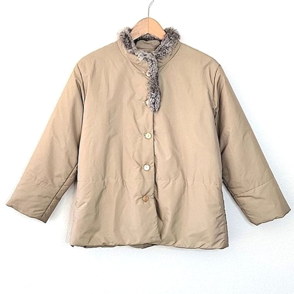 WORLD POLO Tan Long Sleeve Faux Fur Puffer Jacket size 14 Warm Cold Weather